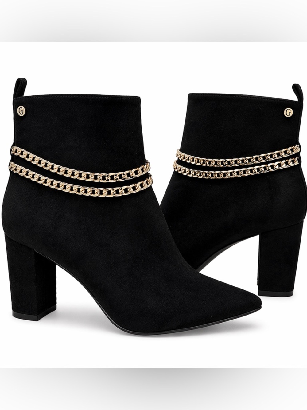 GUESS Quinnly Black Ankle Booties Size 8 Gold Chain Pointed Toe Block Heel Boots